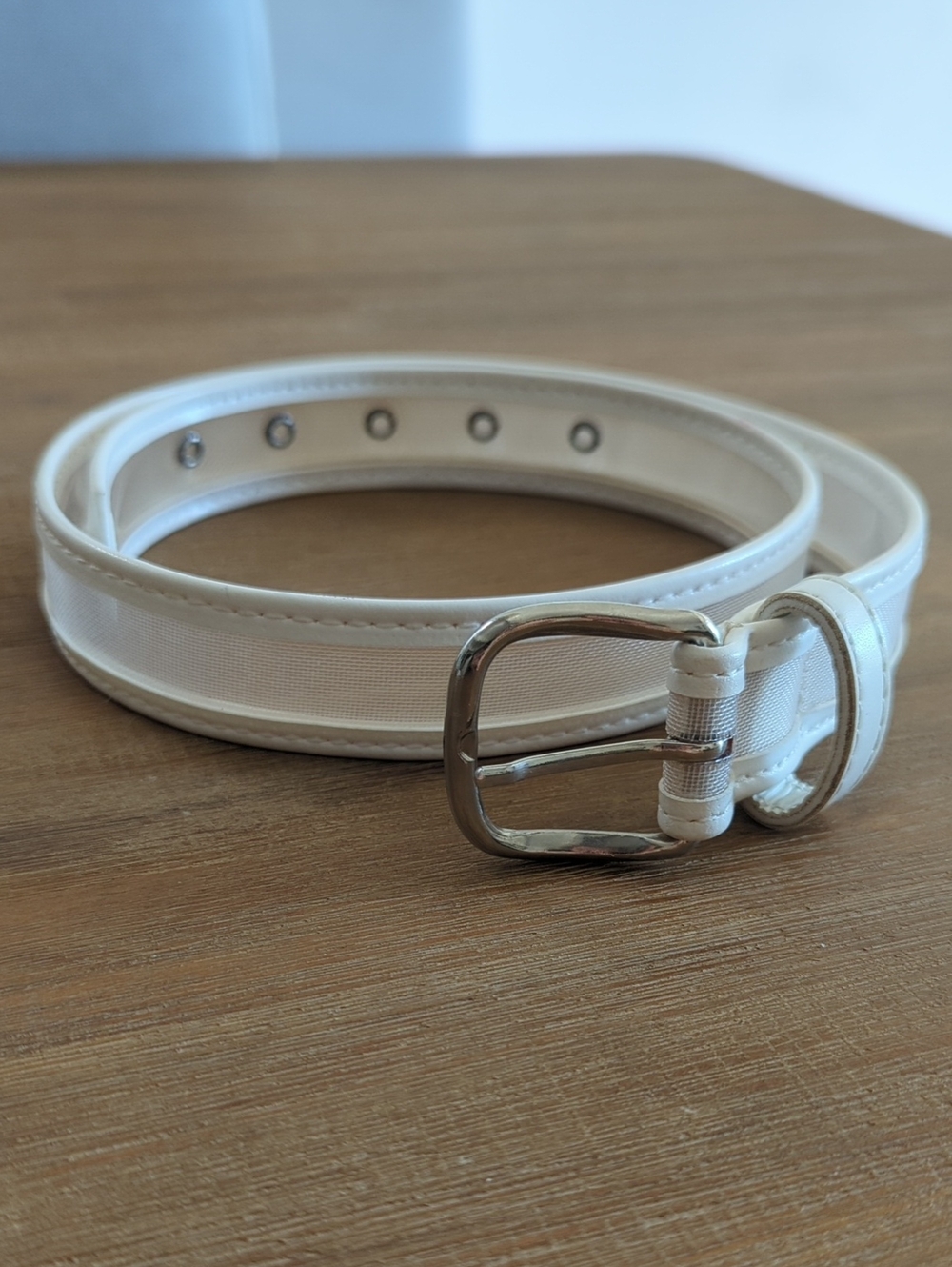 White Women's Transparent Mesh Belt with Faux Leather Contrast & Silver Buckle